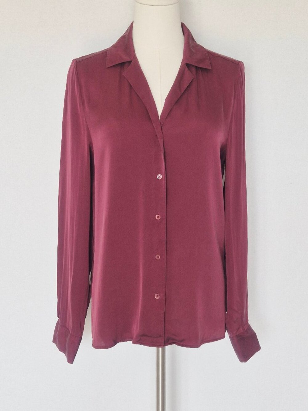 Quince Washable Stretch Silk Satin Notch Collar Shirt Long Sleeve Burgundy
